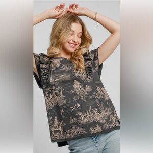 Umgee Ruffled Landscape Print Short Sleeve French Terry Top.